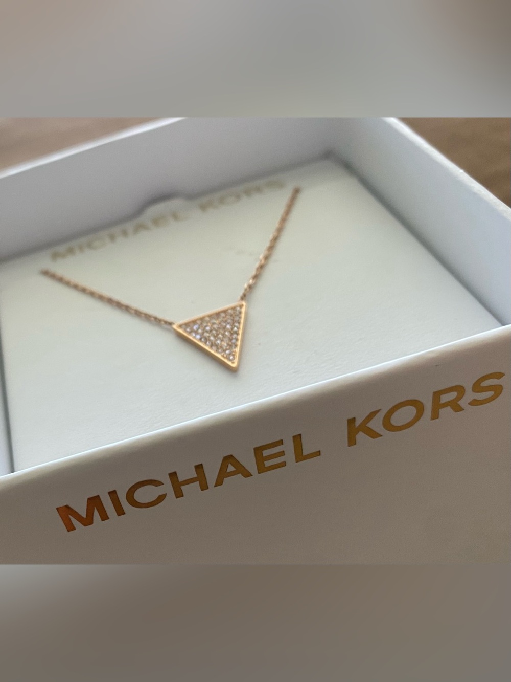 •NWT•Michael Kors Brilliance Motifs Rose Gold Pave Crystal Triangle Necklace